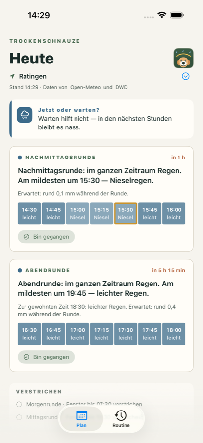 Tagesplan mit Empfehlung, Begründung und Zeitfenstern